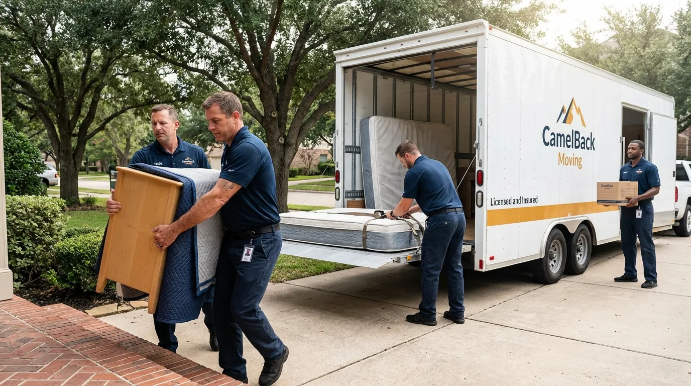 Crew loading residential truck for cross-state move from Poway, CA