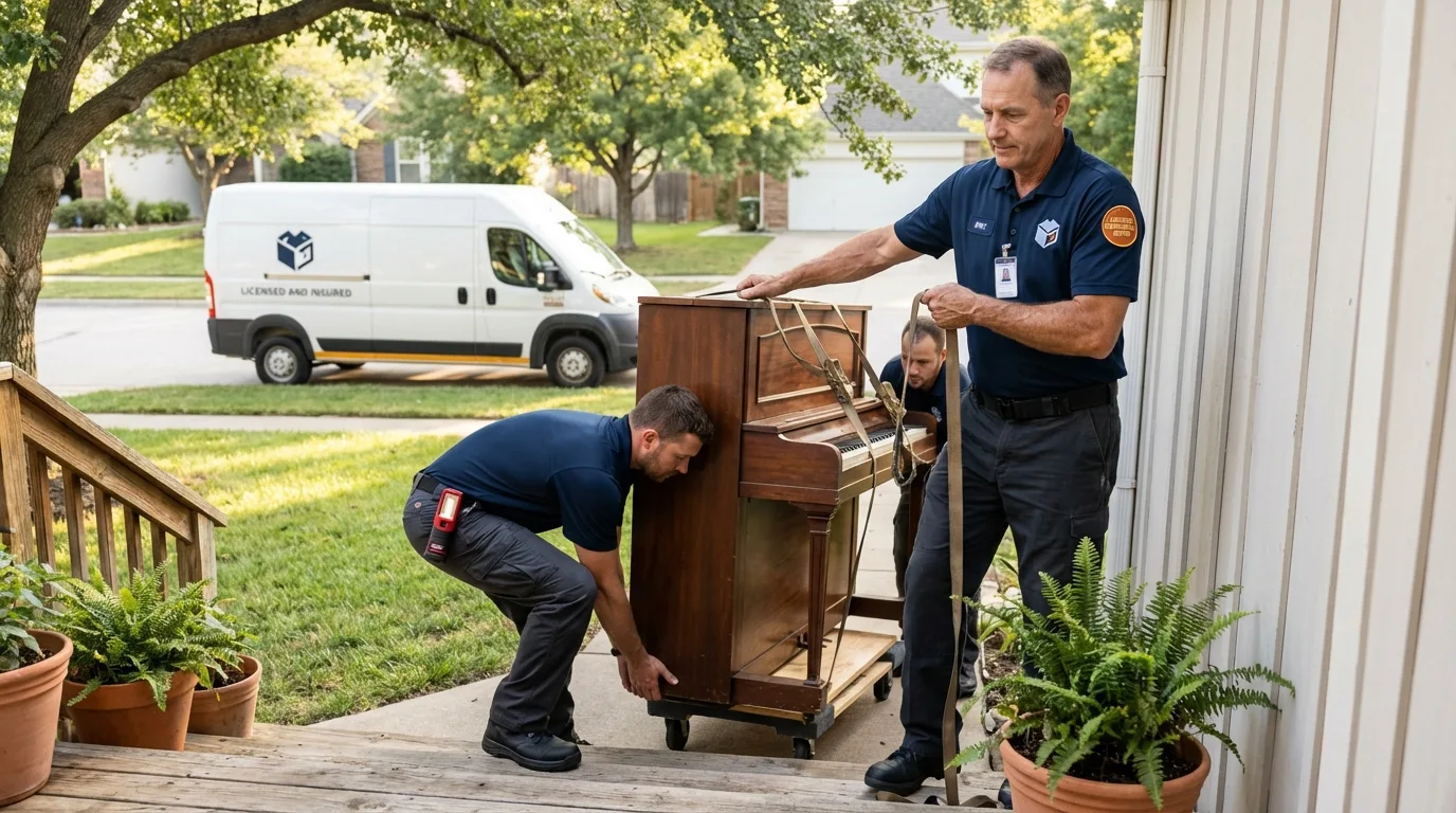 Licensed piano movers securing grand piano in Poway, CA