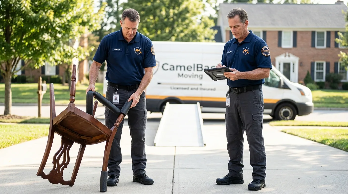 Movers inspecting furniture for damage prevention before loading in Poway, CA