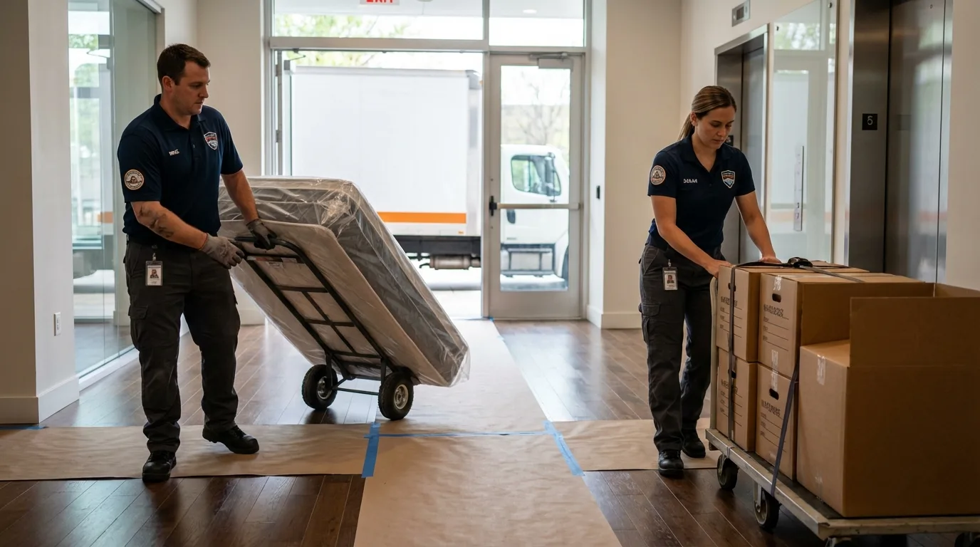 Professional apartment movers loading elevator in Poway, CA